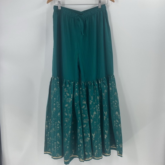 Janasya 2 Peice set teal green tunic & flare bell bottoms gold metallic florals - Picture 7 of 16